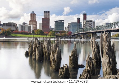 Portland Oregon Downtown City Skyline from the Waterfront of Willamette River in Autumn
