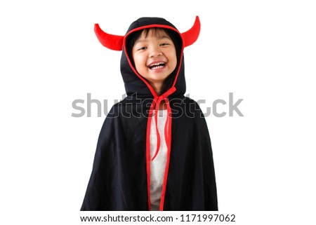 Asian child girl in demon costume black and red tone, Happy halloween concept