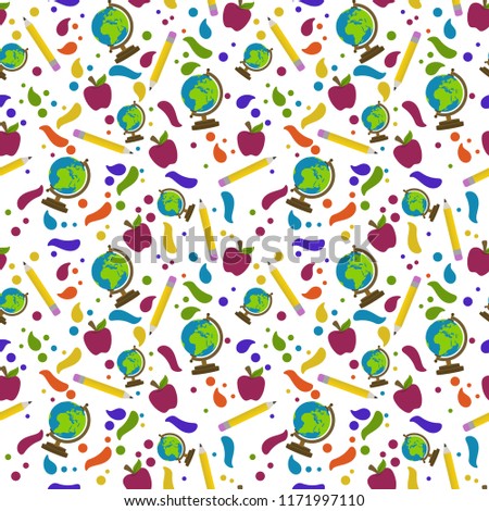 School Supplies Seamless Pattern - Globes, yellow pencils, red apples, and colorful paint splashes for back to school