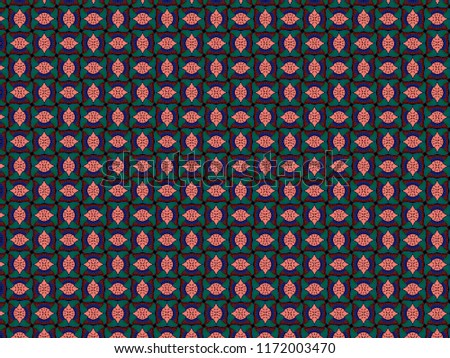 A hand drawing pattern made of blue green red and pink on a black background.