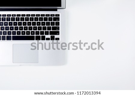 Top view of laptop computer with open display screen monitor isolated on white background, notebook or netbook with keyboard, communication technology concept.