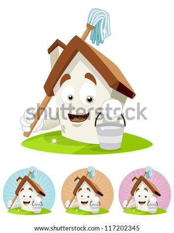 House cartoon character illustration cleaning house with mop