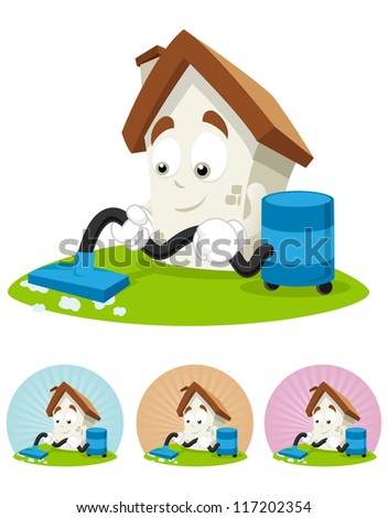 House cartoon character illustration cleaning the house with vacuum cleaner
