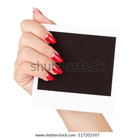 woman's hand holding blank card isolated on white