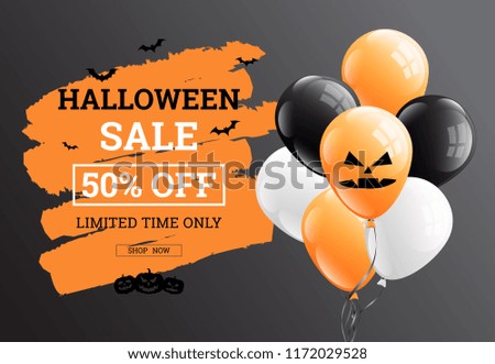Halloween sale banner vector design with balloons pumpkins and bats on dark background for decorate your website,brochures,poster.