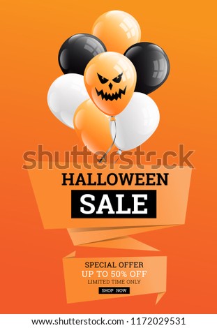 Halloween sale poster banner design with origami speech bubbles and balloons,vector on orange background.