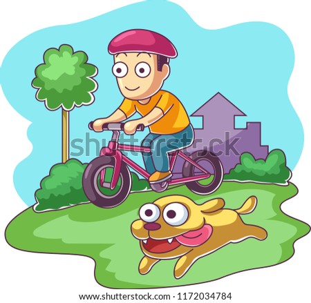 Boy character riding bicycle with his dog