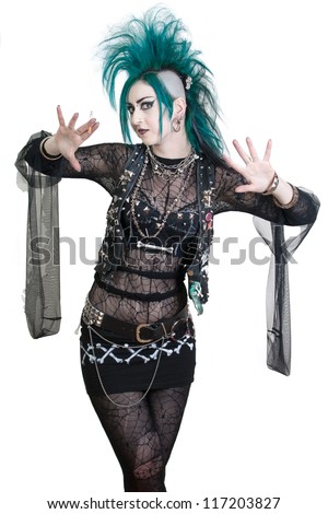 green haired postpunk girl smoking a cigarette on white background