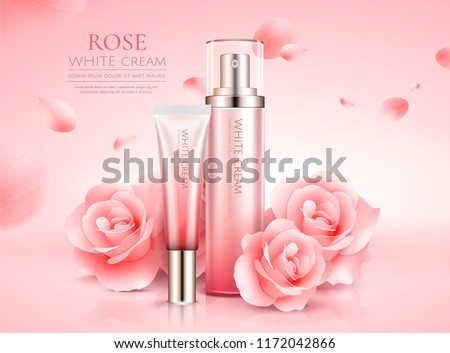 Graceful rose skin care set with flowers and flying petals in 3d illustration