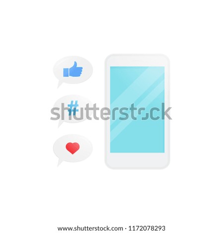 Vector design of smartphones with social media icons, likes, hashtag, feedback.