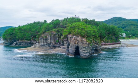 Aerial view of Goseong cliff at Sangjogam Country Park in Geosong, South Korea