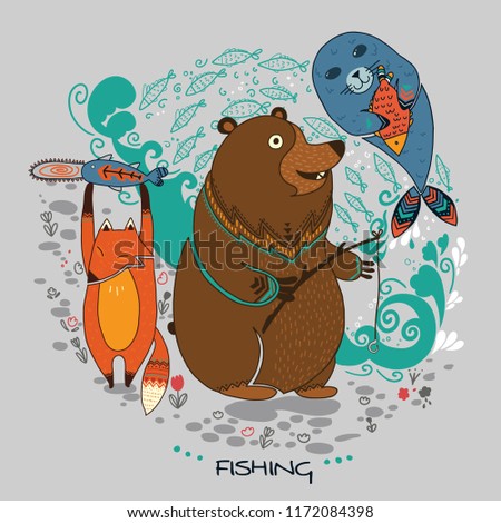 animals catch fish with a fishing rod around the waves, fish and earth