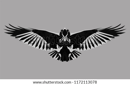 Monochrome crow. Low poly triangular 
raven in flight on grey background, symmetrical vector illustration EPS 8 isolated. Polygonal style trendy modern logo design. Suitable for printing on a t-shirt.