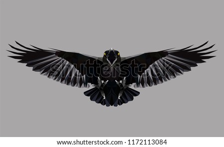 Raven in flight on grey background, low poly triangular vector illustration EPS 8 isolated. Polygonal style trendy modern logo design. Suitable for printing on a t-shirt.