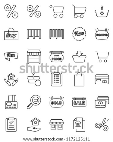 thin line vector icon set - house hold vector, cart, credit card, office, cargo search, estate document, sale signboard, rooms, sold, low price, new, shopping bag, percent, market, buy, barcode