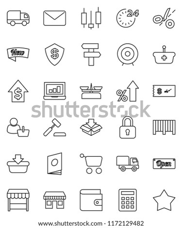 thin line vector icon set - japanese candle vector, laptop graph, wallet, percent growth, dollar, target, office, new, open, 24 hour, market, customer, barcode, basket, cart, calculator, auction
