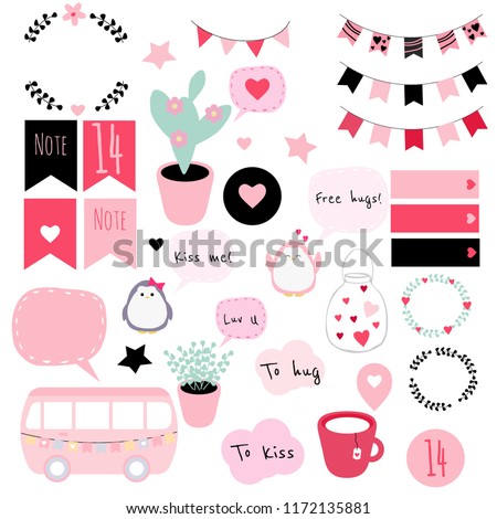 Big set of vector stickers in Valentine's Day theme. Good for patches, scrapbooking, planners, bullet journals, etc. Royalty-Free Stock Photo #1172135881