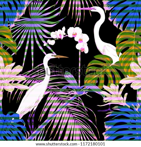 Seamless pattern, background. with tropical plants and flowers with white orchid and tropical birds. Colored vector illustration in neon, fluorescent colors on black,  background with stripes
