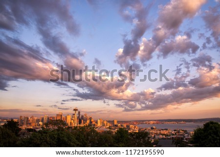 View of Downtown Seattle and Mount Rainier from kerry park with Beautiful Sunset, Washington, USA