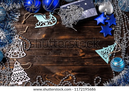 Blue Christmas background. Christmas decorations. Copy space.
