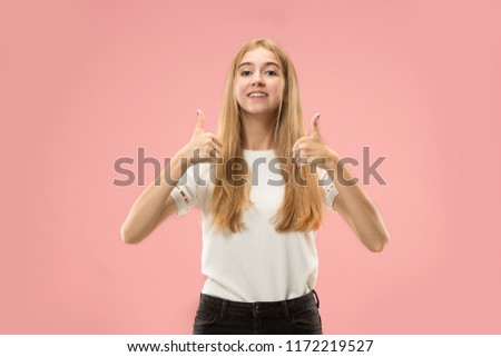 I am ok. Happy business woman, sign ok, smiling, isolated on trendy studio background. Beautiful female half-length portrait. Emotional woman. Human emotions, facial expression concept. Front