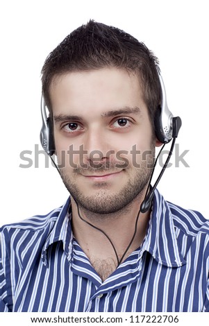 Handsome male call center operator over white background