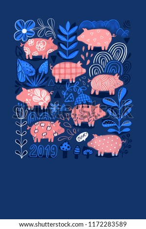 Beautiful raster poster for 2019 Calendar or postcard with cute pink textured pigs animals surrouded by plants and flowers. Blue and indigo background color pallette. Perfect for holidays designs. 