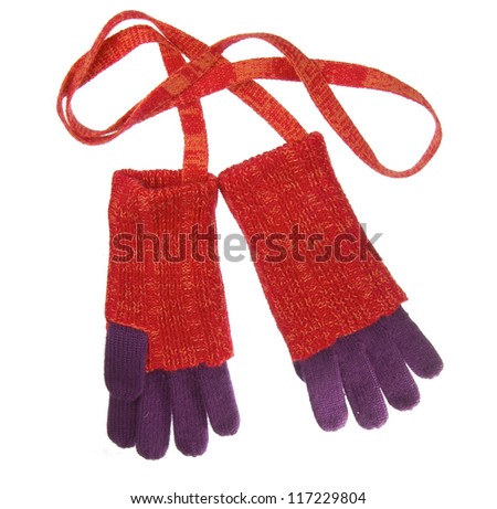 Red knit wool gloves isolated on white background
