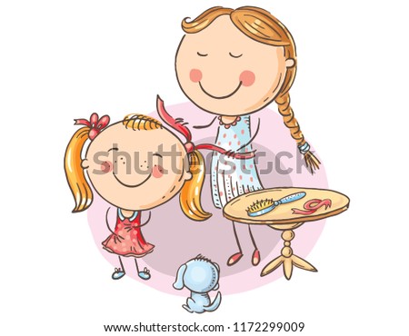 Happy mother combing her daughter's hair, cartoon graphics, vector illustration