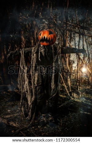 Halloween character. A terrible Jack-lantern with a pumpkin on his head wanders through the night forest.
