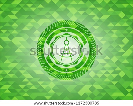drawing compass icon inside realistic green mosaic emblem