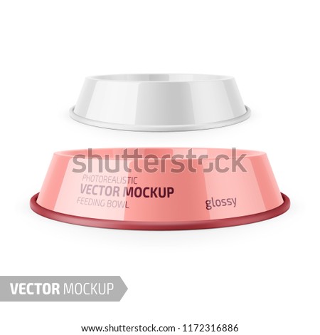 White glossy pet feeding bowl for food or water on rubber base for cats or dogs. Photo-realistic mockup template with sample design. Vector 3d illustration.