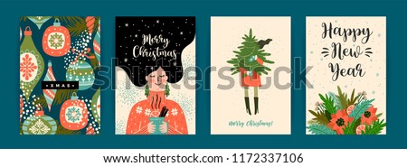Christmas and Happy New Year templates. Trendy retro style. Vector design template.