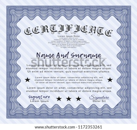 Blue Certificate of achievement. With background. Money design. Detailed. 