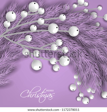 Merry Cristmas season geeting card Winter party invitation wreath of fir pine branches with white berry winter holiday background violet pink