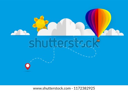 Vector origami made colorful hot air balloon and cloud.paper art and digital craft style.
