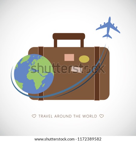brown case with blue and green globe and blue plane vector illustration EPS10
