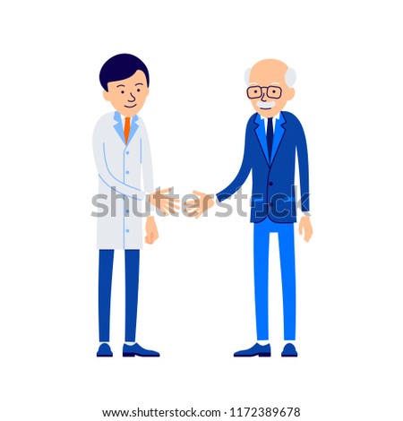 Doctor and patient. Doctor welcomes patient. Therapist stretches out his hand to handshake patient. Illustration of people characters isolated on white background in flat style.
