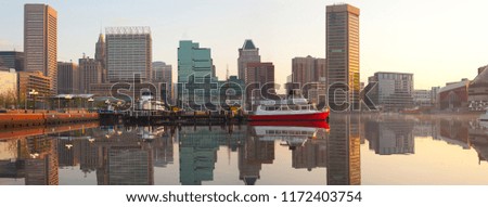 Downtown city skyline and Inner Harbor at dawn, Baltimore, Maryland, USA