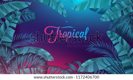 Red blue neon light, trendy background with tropical vector plant and leaf Royalty-Free Stock Photo #1172406700