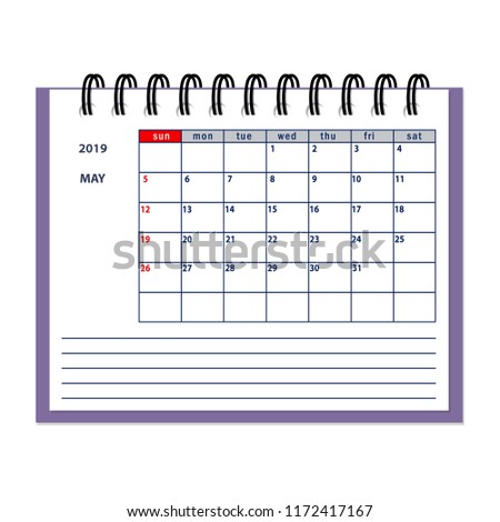 Isolated page May year 2019 of business planner calendar on the white. Flat business planning concept design with spiral desk calendar mockup year 2019 May. EPS 10.
