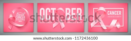 Set of posters with for breast cancer awareness month in october. Realistic pink ribbon symbol. Medical Design. Vector illustration. Royalty-Free Stock Photo #1172436100