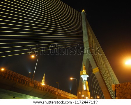 Rama VIII Bridge at night, The Bridge across the river(Bangkok, Thailand), Rama 8 suspension bridge at night.