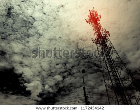 broadcast pole and telephone transceiver with blue sky, public loudspeakers broadcast 
