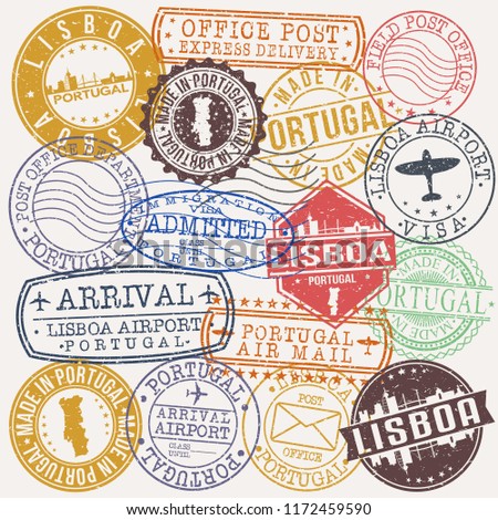 Lisboa Portugal Stamp Vector Art Postal Passport Travel Design Set Badge Rubber.