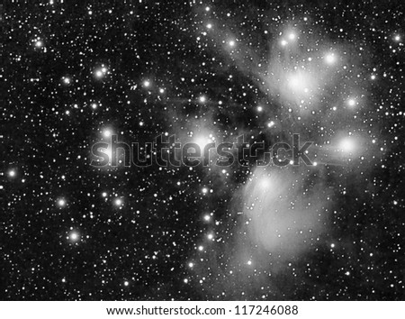 real luminance picture taken with telescope of m45 nebula and pleiades stars cluster