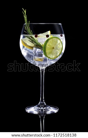 gin tonic garnished with citrus fruit and rosemary isolated on black background Royalty-Free Stock Photo #1172518138