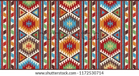 Colorful mosaic oriental kilim rug with traditional folk geometric ornament. Patterned carpet with a border frame. Vector 10 EPS illustration. Royalty-Free Stock Photo #1172530714