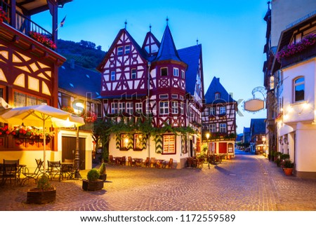 Bacharach old town at night. Bacharach is a small town in Rhine valley in Rhineland-Palatinate, Germany Royalty-Free Stock Photo #1172559589