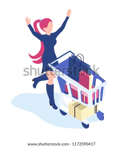 happy woman with shopping at a big discount. Salea day in stores. Isometric 3d